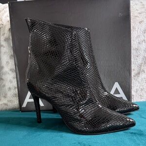 Aqua Glossy Black Snakeskin Heeled Boots